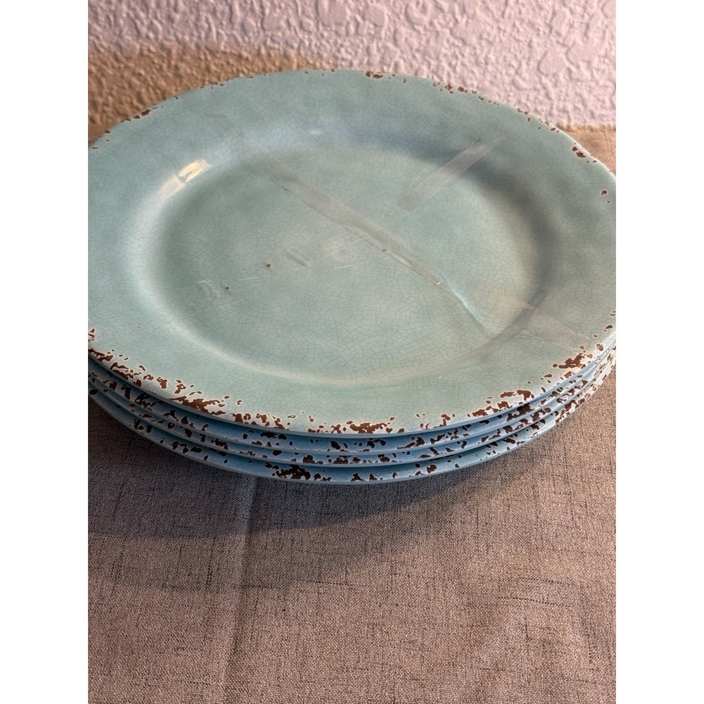 Tommy Bahama Aqua Blue /Brown Rustic Crackle Dinner Plates Set of 4 Melamine 11"